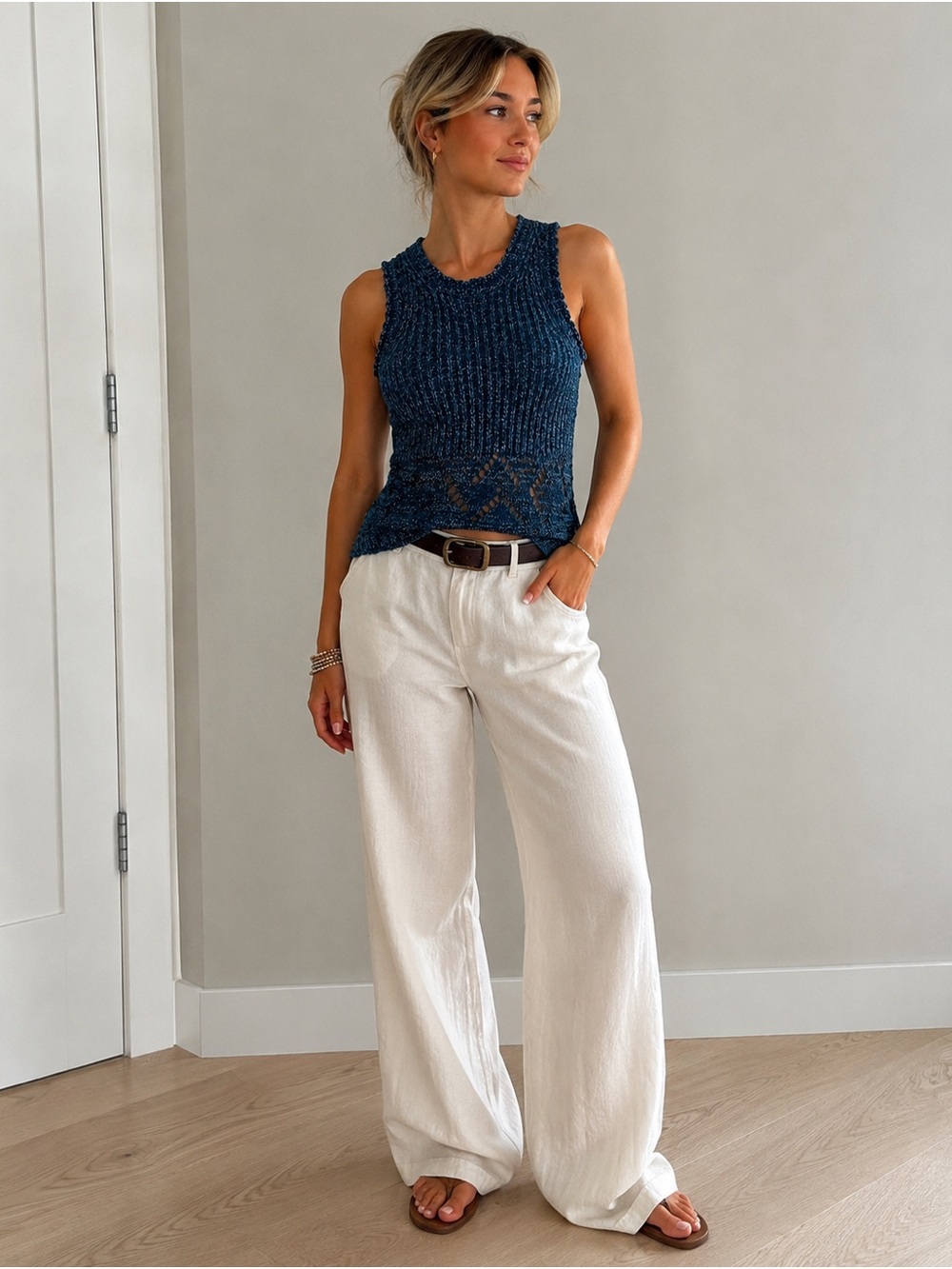 Anthropologie Blue Stitched Sweater Knit crochet Tank Top - Navy Blue XXS